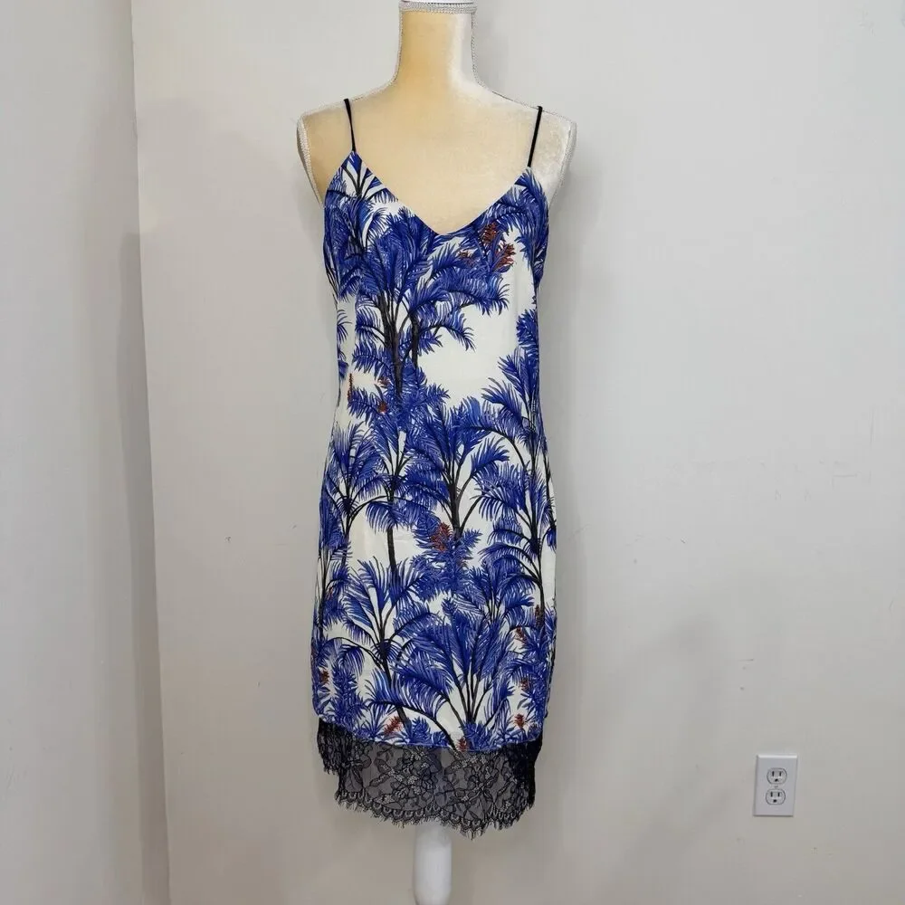 Adelyn Rae Nevina Palm Print Lace Slip Dress Size S Blue White V-Neck Sleeveless